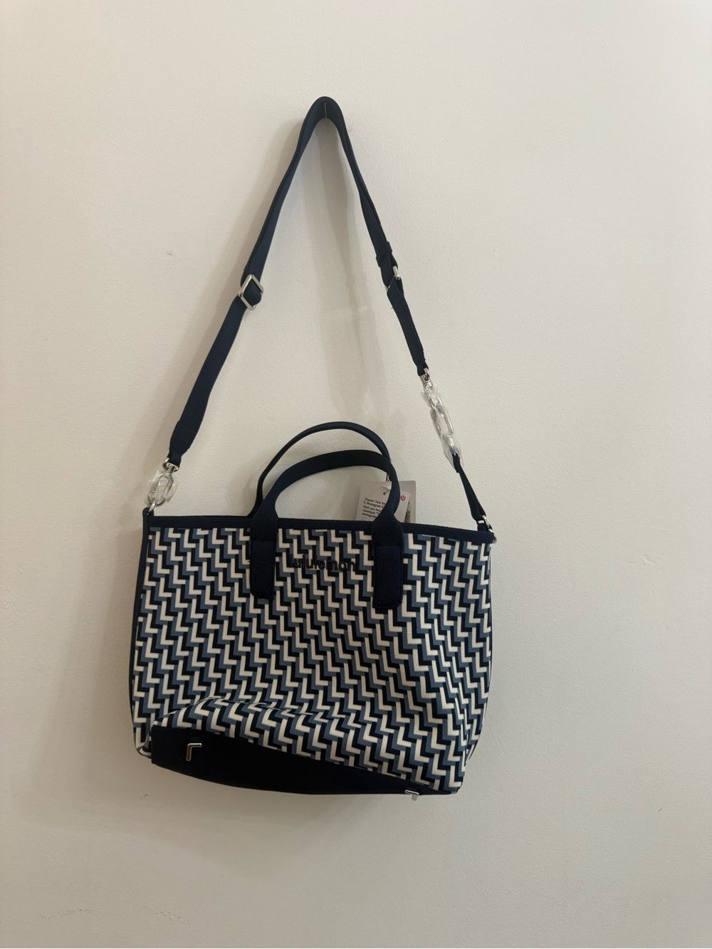 lululemon athletica navy and white woven tote